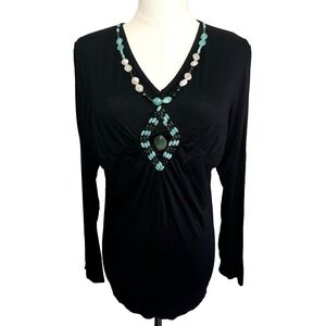 VTG‎ Womens Beaded Necklace & Medallion Long Sleeve Top Size L  Black Soft EUC